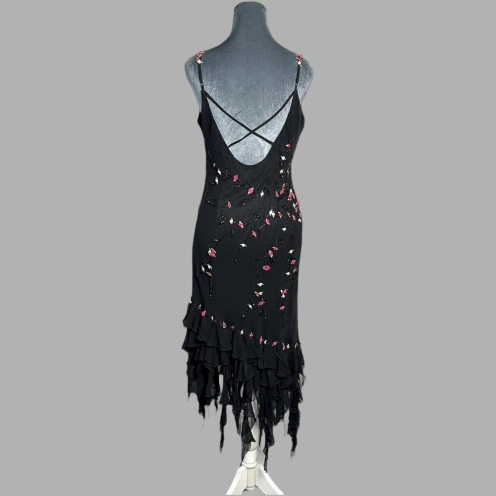 Y2K gothic fairycore beaded silk ribbon flower asymmetrical ruffle fringe dress - Picture 3 of 11